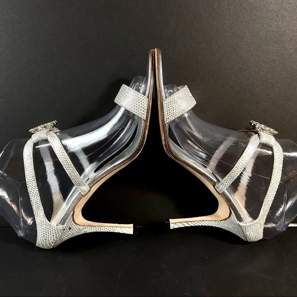 Manolo Blahnik silver sandals crystal buckles 38